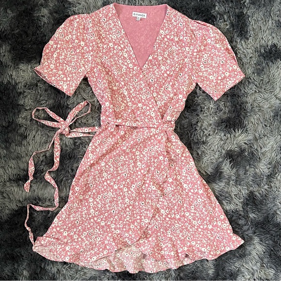 Dolls Kill Pink Ditsy Floral Wrap Mini Dress Ruffle Hem S - Picture 4 of 6